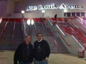 HockeyGame Jack and Deane (and Paige) heading into the Red Wings/Sharks game in Detroit.